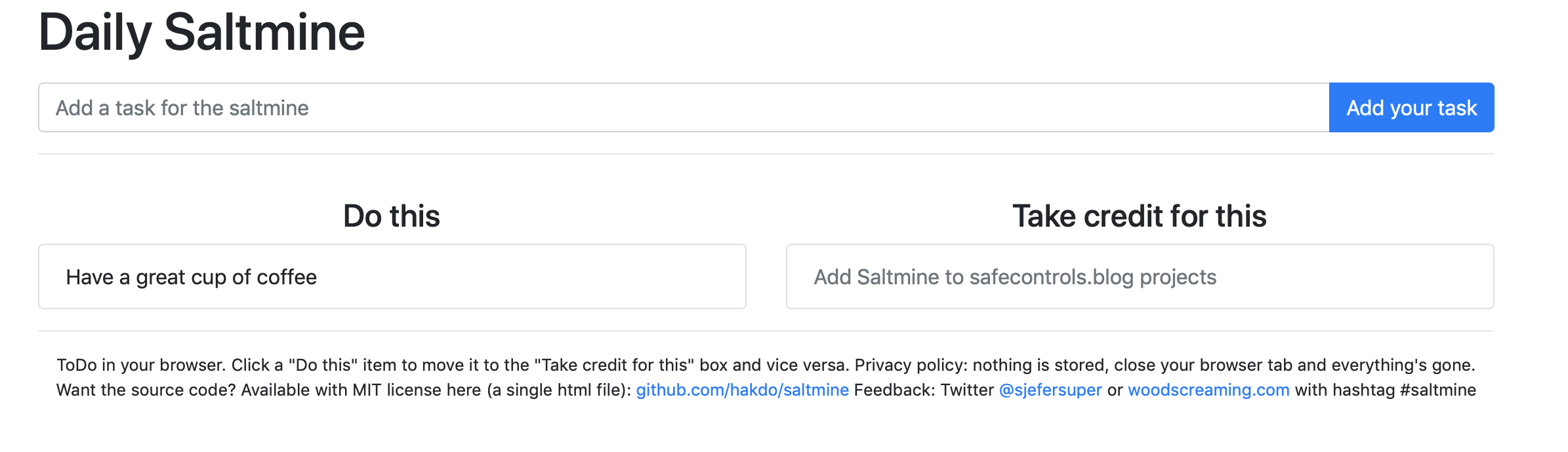 Screenshot of Saltine todo list